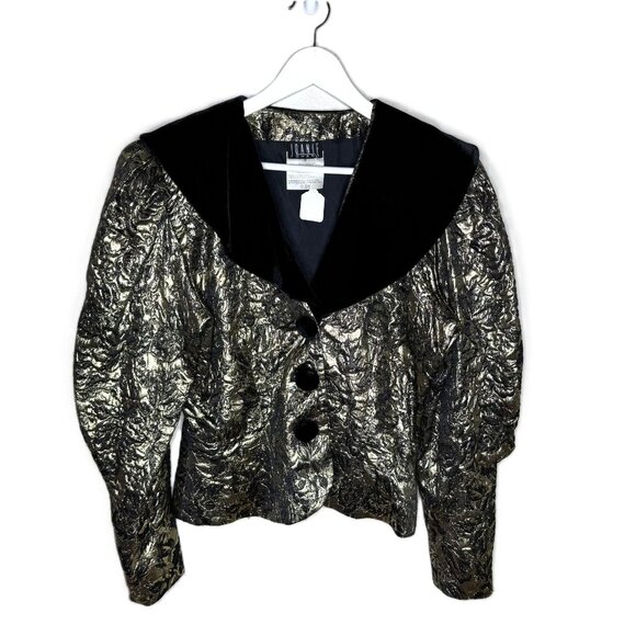 Vintage 80s Black & Gold Metallic Brocade Puff Sleeved Velvet-Trim Blazer - Picture 1 of 6